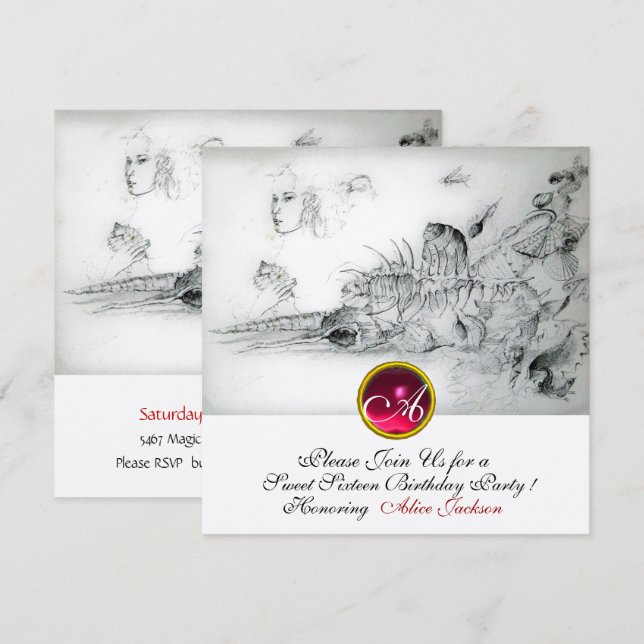 SEASHELLS SWEET SIXTEEN PARTY,Ruby Monogram Silver Invitation (Front/Back)