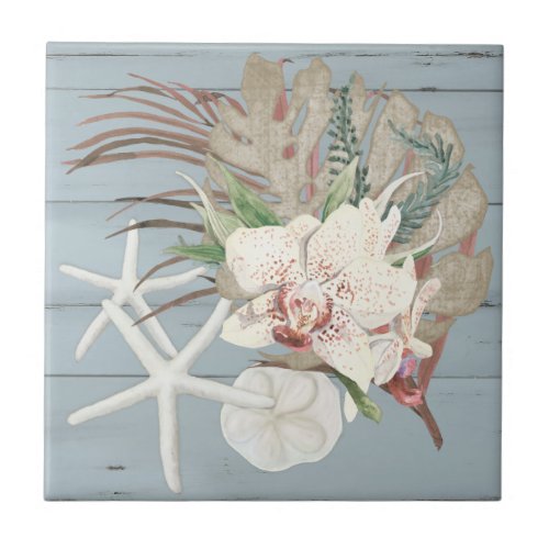 Seashells Tropical Orchid Floral Beach Dusty Blue Ceramic Tile