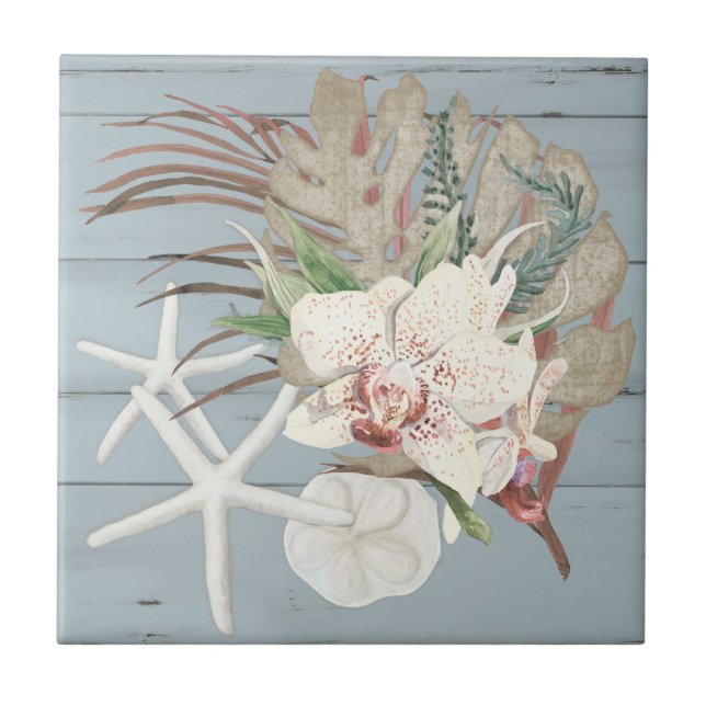 Seashells Tropical Orchid Floral Beach Dusty Blue Ceramic Tile (Front)