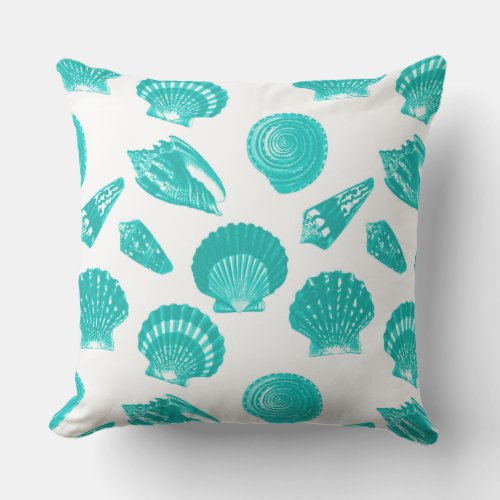 Seashells _ Turquoise on a White Background Outdoor Pillow