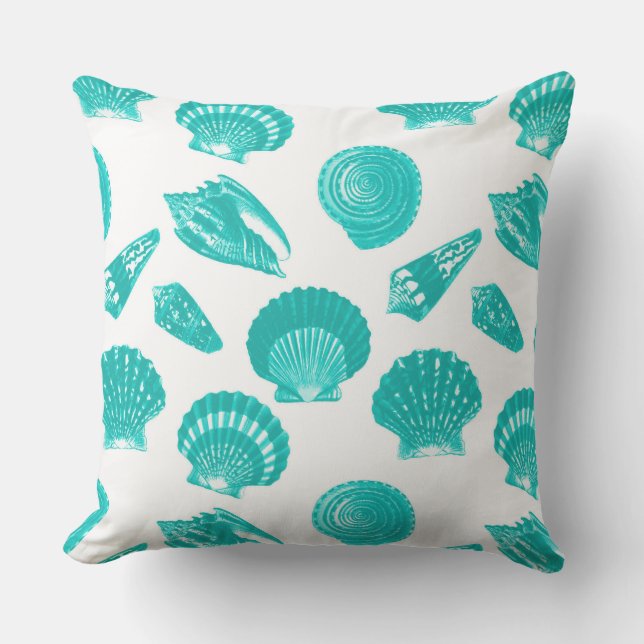 Seashells - Turquoise on a White Background Outdoor Pillow (Front)