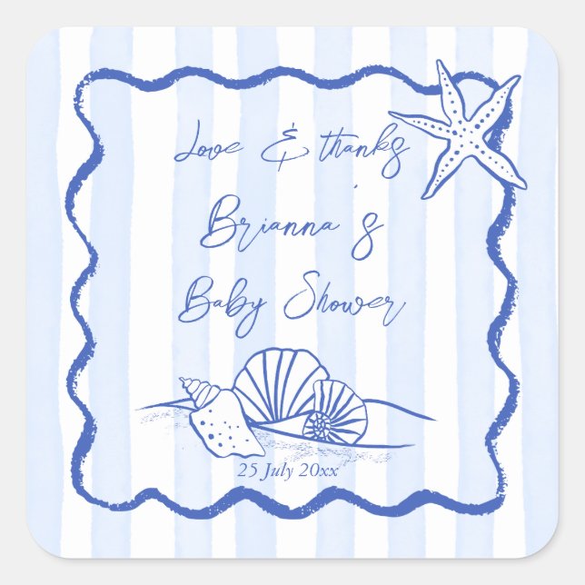 Seashells wavy blue stripes baby shower favor square sticker (Front)