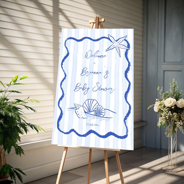 Seashells wavy border baby shower welcome sign (Seashells handrawn blue stripes wavy border baby shower personalized welcome sign board)