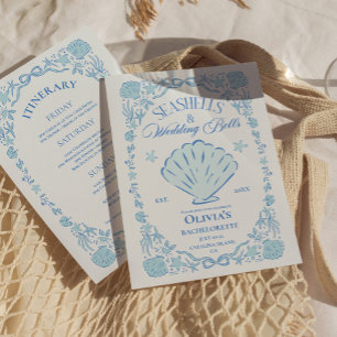 Seashells Wedding Bells Bachelorette Blue Invitation
