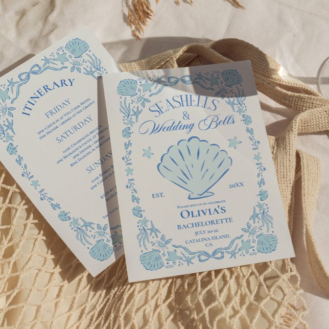Seashells Wedding Bells Bachelorette Blue Invitation (Seashells Wedding Bells Bachelorette Blue Invitation)