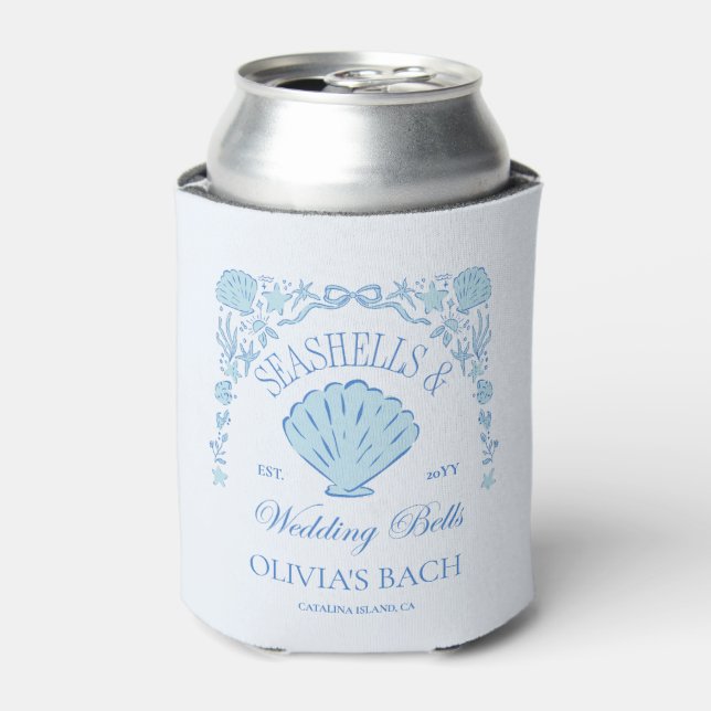 Seashells & Wedding Bells Bachelorette Can Cooler (Can Front)