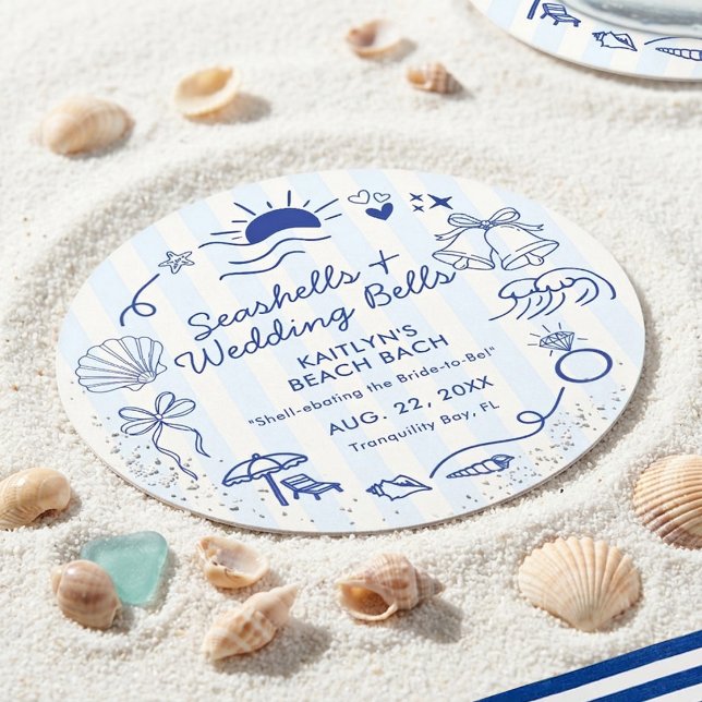 Seashells & Wedding Bells Beach Bachelorette Party Round Paper Coaster (Creator Uploaded)