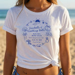Seashells & Wedding Bells Beach Bachelorette Party T-Shirt<br><div class="desc">Shell-ebate the Bride-to-Be in Coastal Style! Get ready to get salty and celebrate with these chic custom-made "Seashells & Wedding Bells" t-shirts. The design adorned with hand-drawn doodle icons like seashells, wedding bells, sea waves, a tropical sun, and beach lounger with umbrella. It’s the perfect accessory for a Beach Bach...</div>