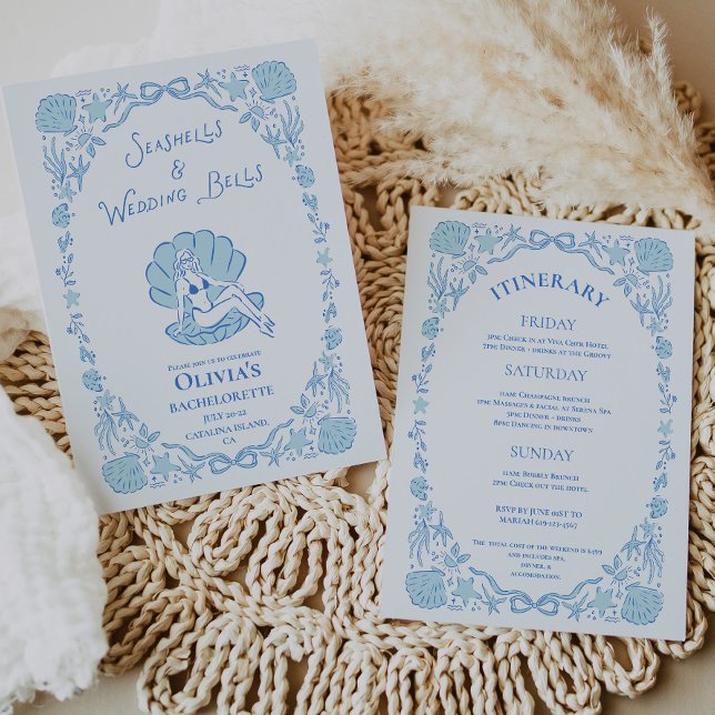 Seashells Wedding Bells Blue Bachelorette Invitation (Seashells Wedding Bells Whimsical Bachelorette Blue Invitation)