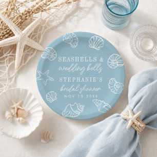 Seashells Wedding Bells Blue Coastal Bridal Shower Paper Plates