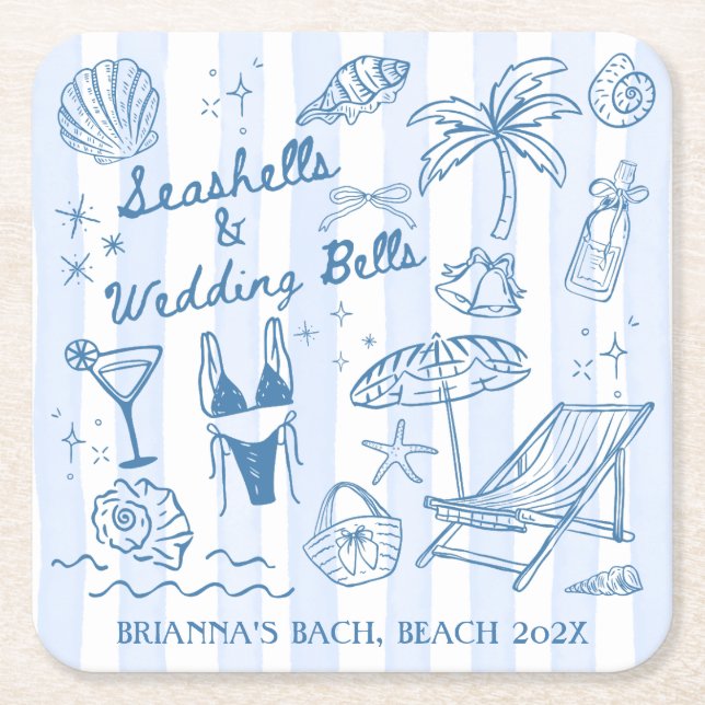 Seashells wedding bells bridesmaids gifts custom square paper coaster (Front)