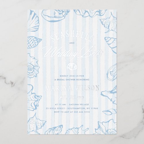 Seashells & Wedding Bells Coastal Bridal Shower Foil Invitation