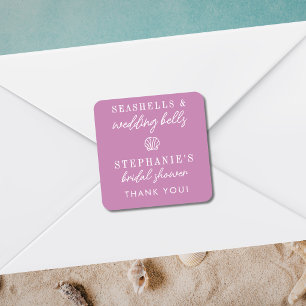 Seashells Wedding Bells Mauve Purple Bridal Shower Square Sticker