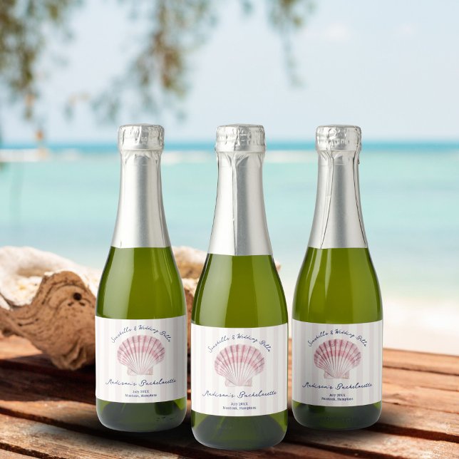 Seashells & Wedding Bells Pink Navy Bachelorette Sparkling Wine Label (Creator Uploaded)