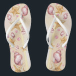 Seashells Wedding Favor | Wedding Gift Flip Flops<br><div class="desc">Check out these lovely flip flops - perfect gifts for your wedding party or favors for your guests if you're thinking of a beach-themed wedding! The colorful seashells and starfish laying in the sand make for a beautiful background on these comfy shoes. You can change the strap and sole color...</div>
