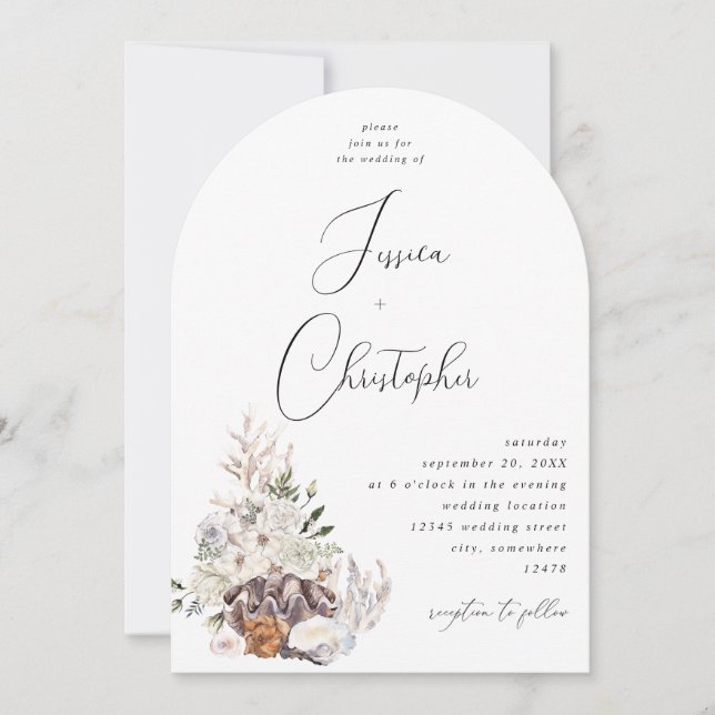 Seashells & White Floral Wedding 3 Arch Invitation (Front)