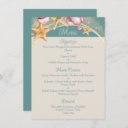 Seashells with Aqua Color Accents Wedding Menu