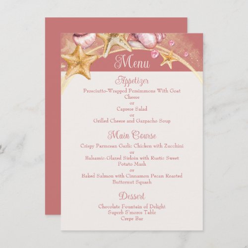 Seashells with Rose Color Accents Wedding Menu