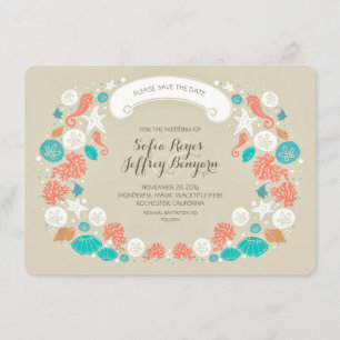 Seashells wreath beach save the date CARDS