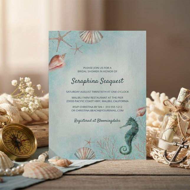 Seashore | Beach Blue Seashells Bridal Shower Invitation (Creator Uploaded)