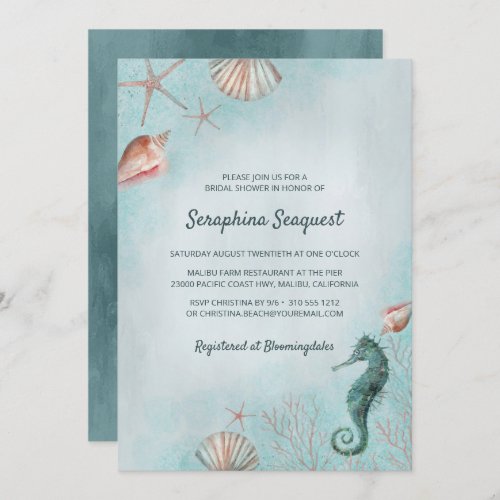 Seashore  Beach Blue Seashells Bridal Shower Invitation