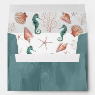 Seashore Beach Blue Watercolor Seashells Wedding Envelope