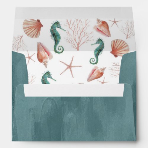 Seashore  Beach Blue Watercolor Seashells Wedding Envelope