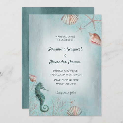 Seashore  Beach Blue Watercolor Seashells Wedding Invitation