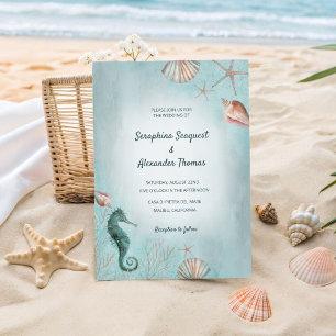 Seashore Beach Blue Watercolor Seashells Wedding Invitation