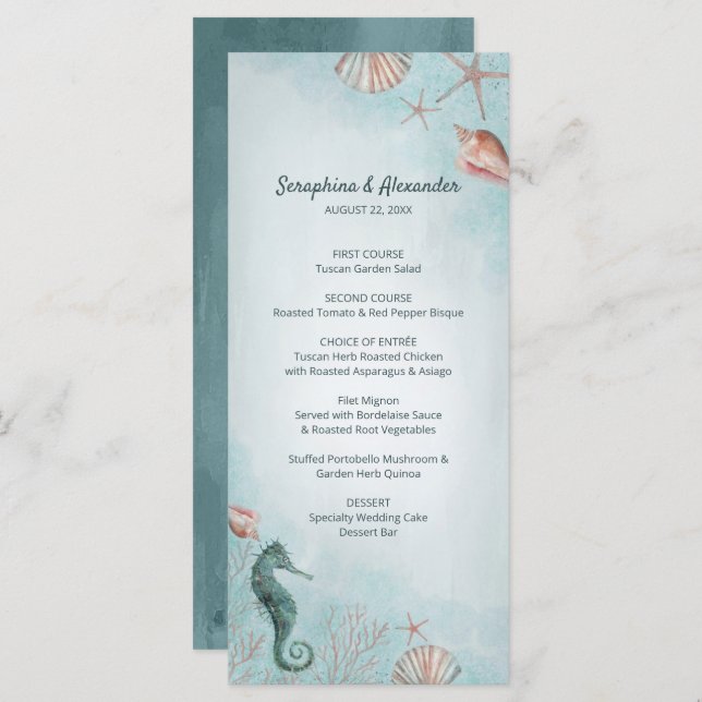 Seashore | Beach Blue Watercolor Seashells Wedding Menu (Front/Back)