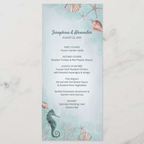 Seashore  Beach Blue Watercolor Seashells Wedding Menu