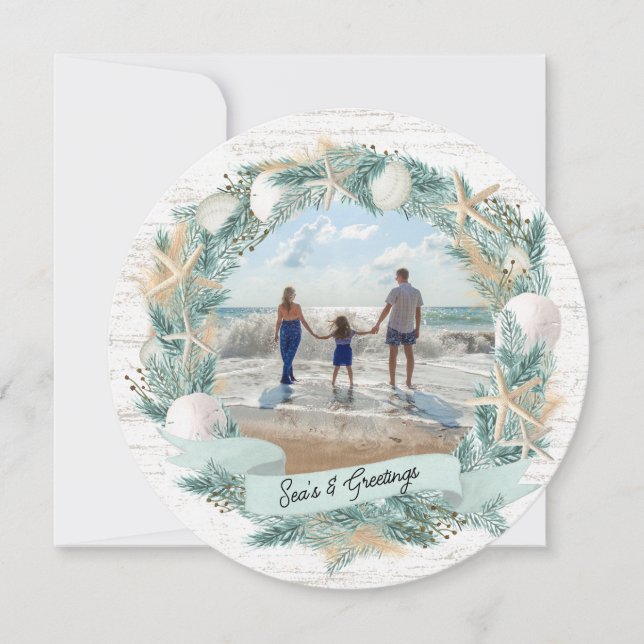 Seashore Beach Christmas Wreath with Photo Holiday Card (Front)