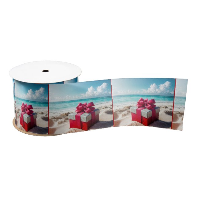 Seashore Christmas Gift On Beach Sand Satin Ribbon