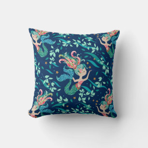 Seashore flowers mermaid pattern throw pillow
