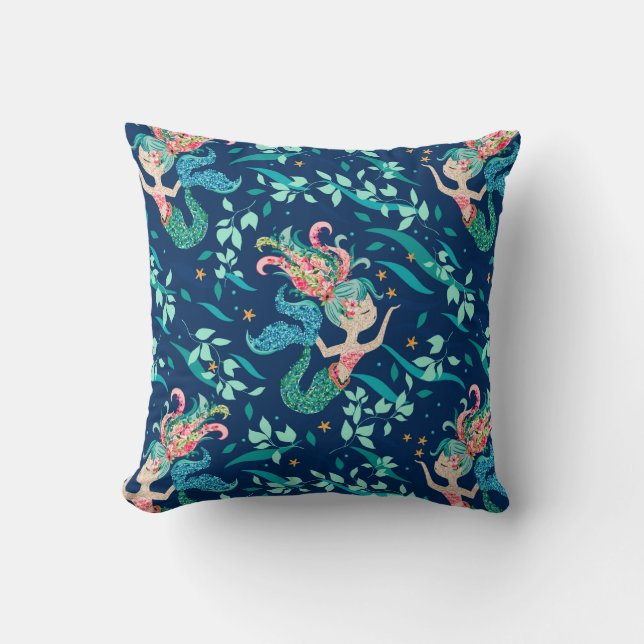 Seashore flowers mermaid pattern throw pillow (Front)