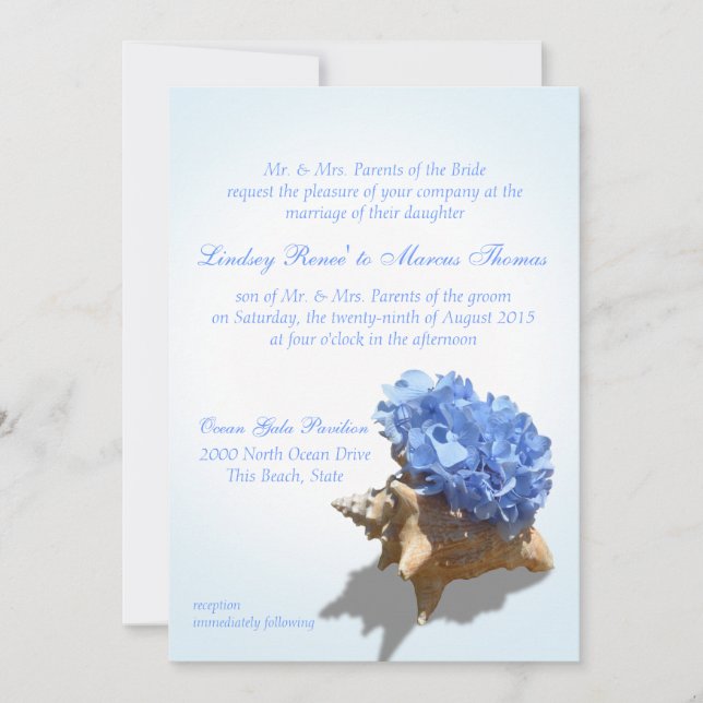 Seashore Hydrangea and Shell Wedding Invitation (Front)