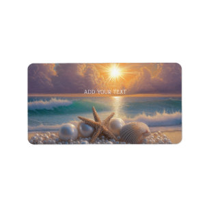 Seashore Ocean Sunset Seashells Pearls Label