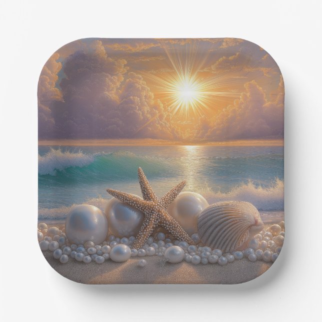 Seashore Ocean Sunset Seashells Pearls Paper Plates (Front)