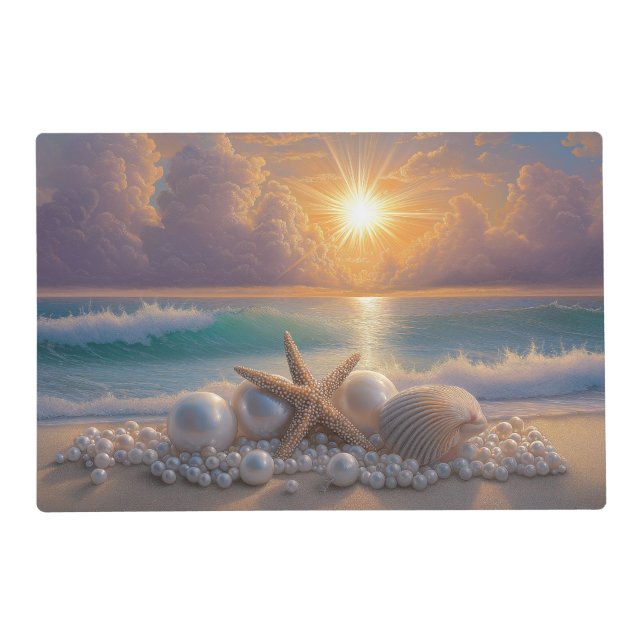 Seashore Ocean Sunset Seashells Pearls Placemat (Back)