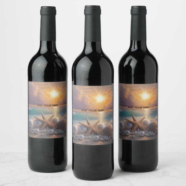 Seashore Ocean Sunset Seashells Pearls Wine Label (Bottles)