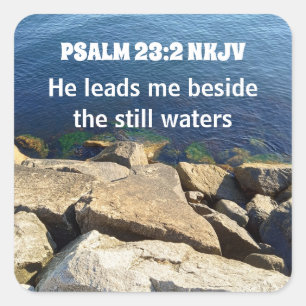 Seashore Photo Beside the Still Waters Bible Verse Square Sticker