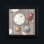 Seashore Treasures Jewelry Box<br><div class="desc">Megan Meagher is known for her simple art pieces. This image captures the simplicity of the seashore's treasures, including sand dollars and seashells in a pastel colored tone. Meagher encompasses a wooden background in her image to contrast these treasures. Get this fine art print today on wood color on your...</div>