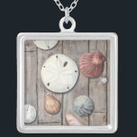 Seashore Treasures Silver Plated Necklace<br><div class="desc">Megan Meagher is known for her simple art pieces. This image captures the simplicity of the seashore's treasures, including sand dollars and seashells in a pastel colored tone. Meagher encompasses a wooden background in her image to contrast these treasures. Get this fine art print today on wood color on your...</div>