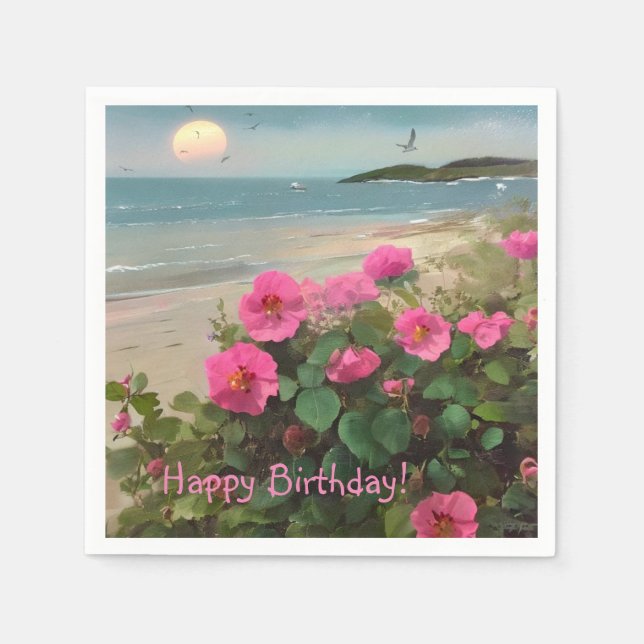 Seashore Wild Rose Birthday Napkins (Front)