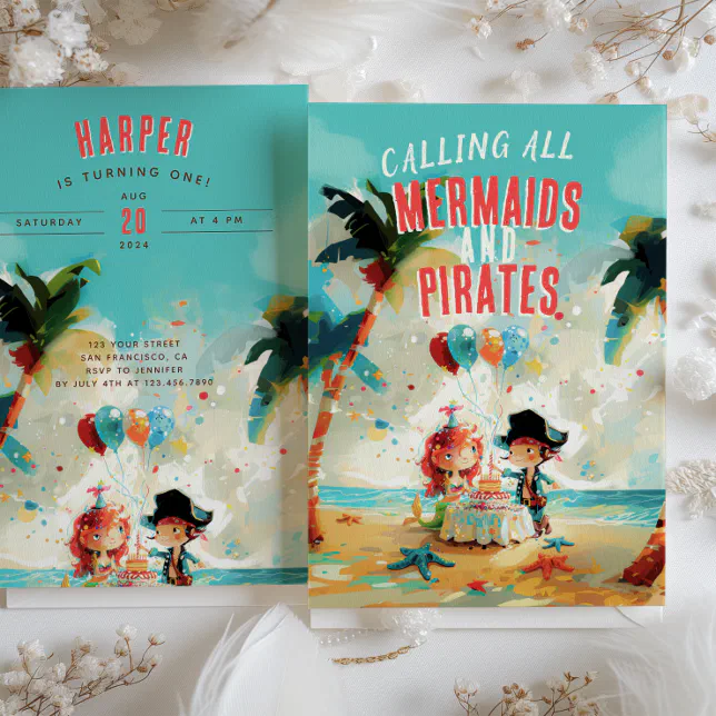 Seaside Adventure Mermaids & Pirates Birthday Invitation | Zazzle