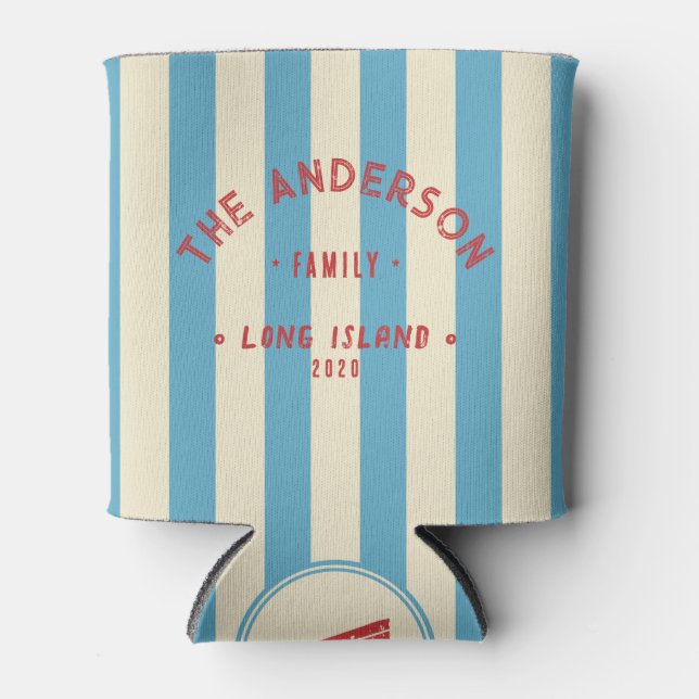 Seaside Aqua Sky Striping & Family Name Can Cooler (Front)