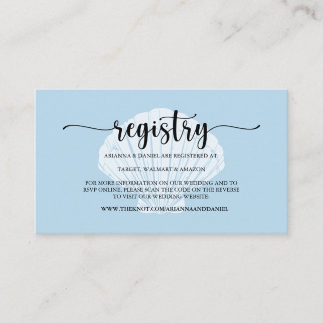 Seaside Beach Blue Seashell Registry Website Enclo Enclosure Card (Front)