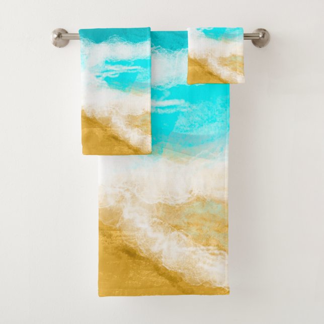 Seaside Beach House Turquoise Ocean Waves Bath Towel Set (Insitu)