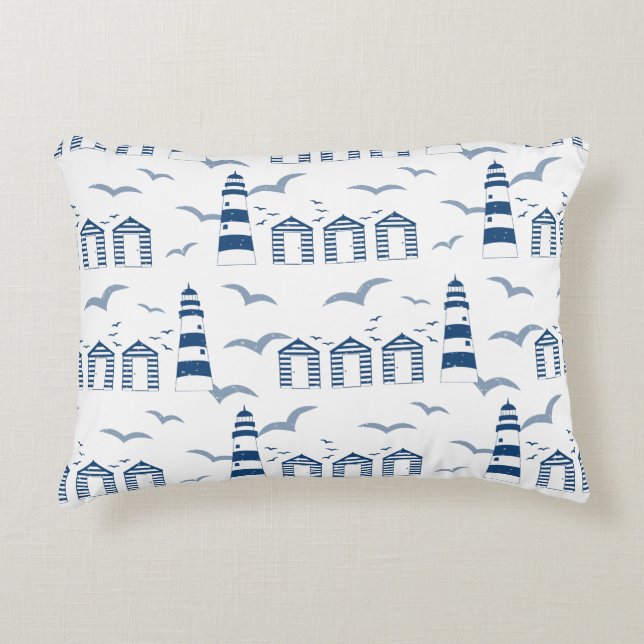 Seaside Beach Huts and Lighthouses Blue and White Accent Pillow (Front)