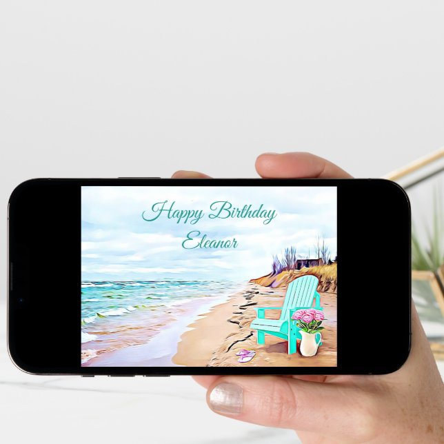 Seaside Beach Scene Teal Chair  Flowers Birthday Card (Front Digital)
